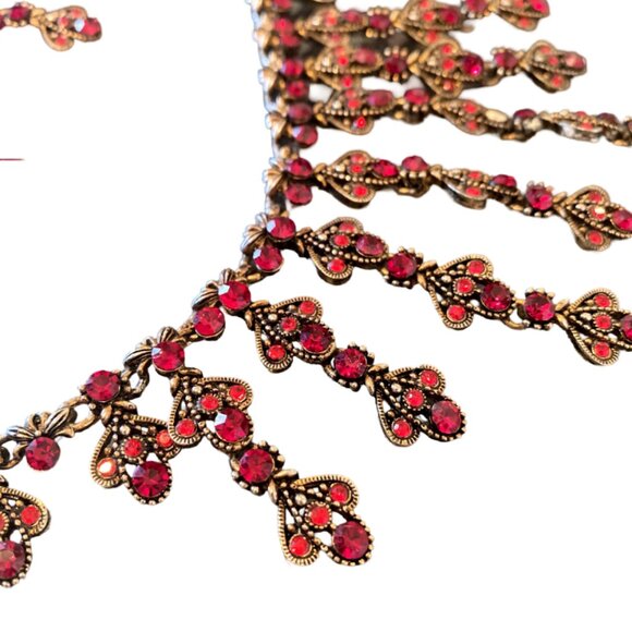 Elaborate Ruby Red Drippy Choker Necklace and Matching Earrings, 16 inches - Picture 3 of 6